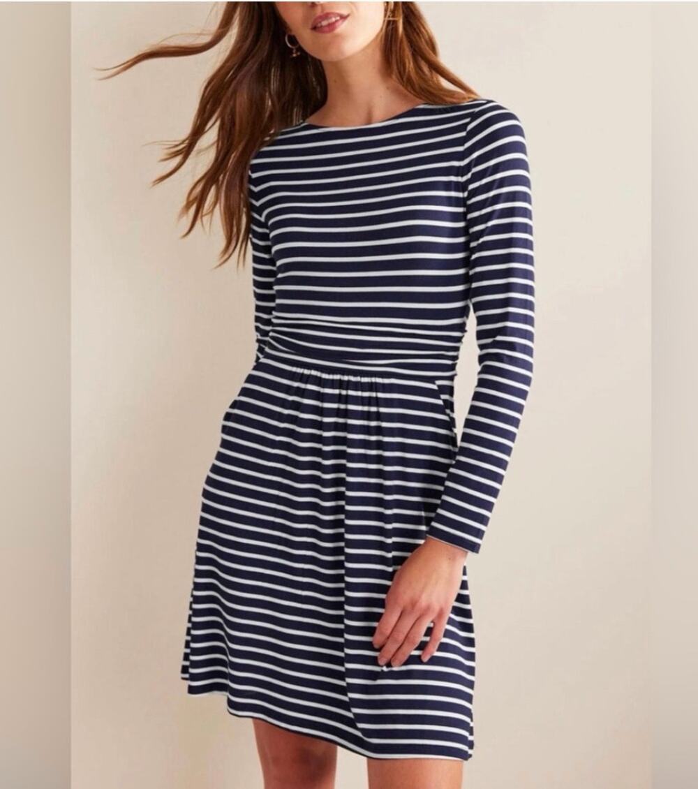 Boden Womens 8 Navy White Stripe Abigail Crew Neck Jersey Long Sleeve Mini Dress